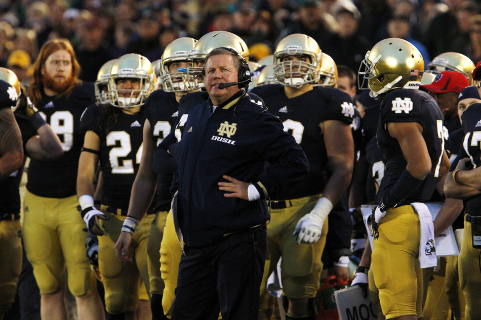 Notre Dame head coach Brian Kelly looks to the scoreboard during a NCAA college football game on Saturday, Oct. 20, 2012, at Notre Dame. (James Brosher/South Bend Tribune)
