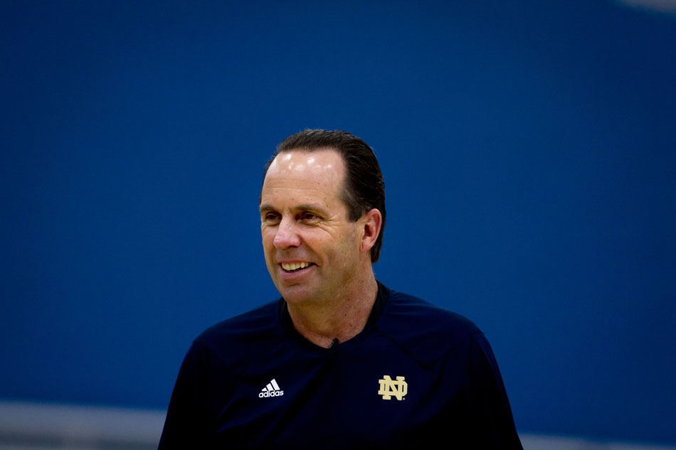 Notre Dame coach Mike Brey watches his team during an open practice on Tuesday, Oct. 23, 2012, at the Kroc Center in South Bend. (James Brosher/South Bend Tribune)