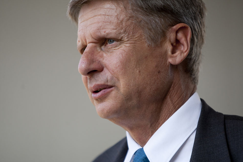 Gary Johnson, the Libertarian presidential candidate and former governor of New Mexico, speaks with a supporter about healthcare during an appearance on Wednesday, Oct. 24, 2012, at Indiana University-South Bend. Johnson spoke to a political science class before fielding questions from local media. (James Brosher/South Bend Tribune)