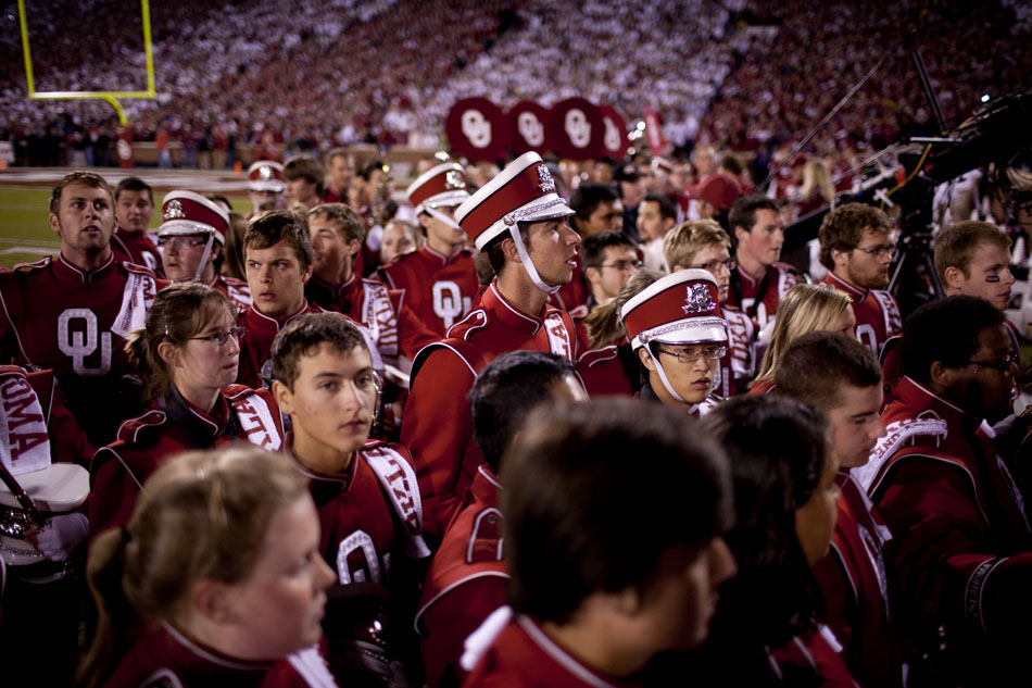 Oklahoma band members make their way into their seating section after performing before a game against Notre Dame on Saturday, Oct. 27, 2012, in Norman, Okla. (James Brosher/South Bend Tribune)