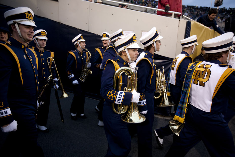 Notre Dame band members take the field before a NCAA college football game on Saturday, Oct. 6, 2012, at Soldier Field in Chicago. (James Brosher/South Bend Tribune)