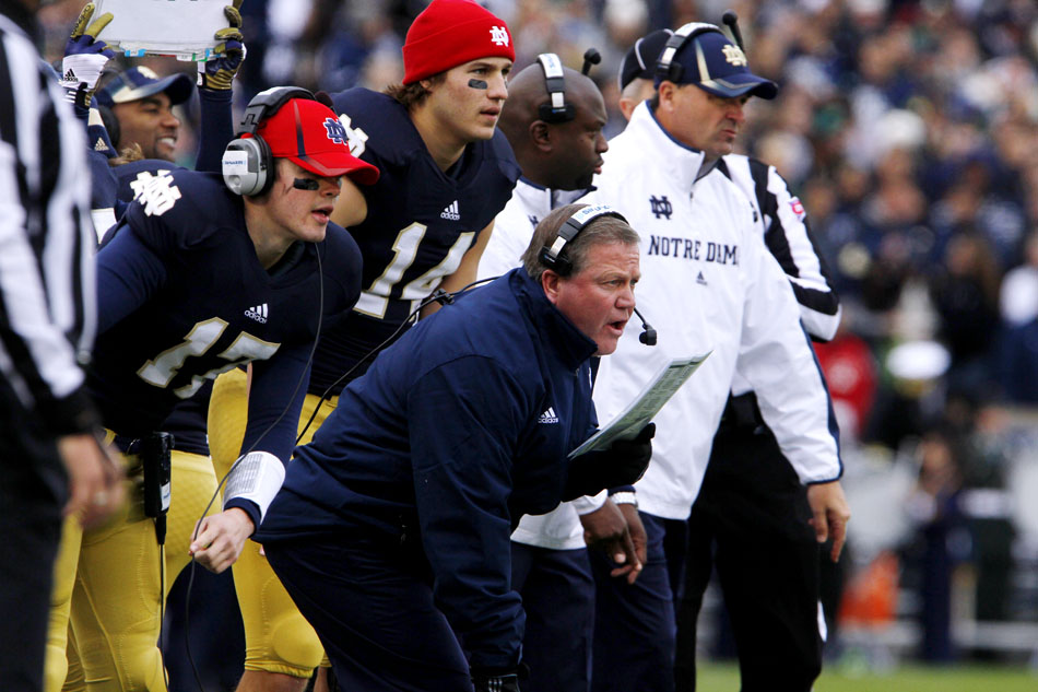 Notre Dame head coach Brian Kelly watches the action from the sidelines during an NCAA college football game on Saturday, Nov. 3, 2012, at Notre Dame. (James Brosher/South Bend Tribune)