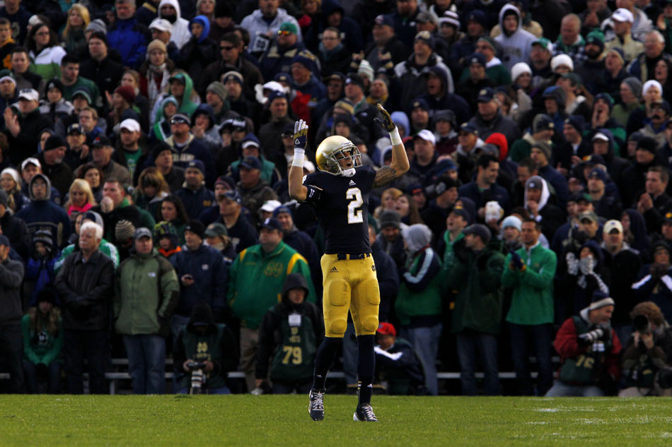 Notre Dame cornerback Bennett Jackson (2) pumps up the crowd during an NCAA college football game on Saturday, Nov. 3, 2012, at Notre Dame. (James Brosher/South Bend Tribune)