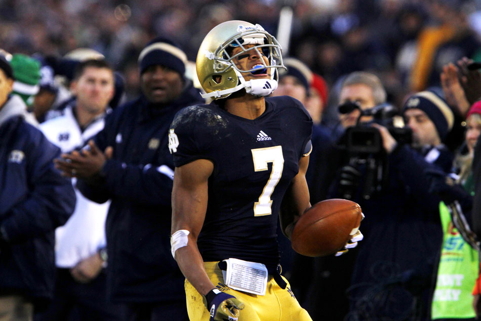 Notre Dame wide receiver TJ Jones (7) reacts after a would-be catch for a first down was ruled as incomplete during an NCAA college football game on Saturday, Nov. 3, 2012, at Notre Dame. (James Brosher/South Bend Tribune)