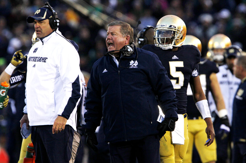 Notre Dame head coach Brian Kelly yells at an official after a catch was ruled incomplete on the field during an NCAA college football game on Saturday, Nov. 3, 2012, at Notre Dame. (James Brosher/South Bend Tribune)