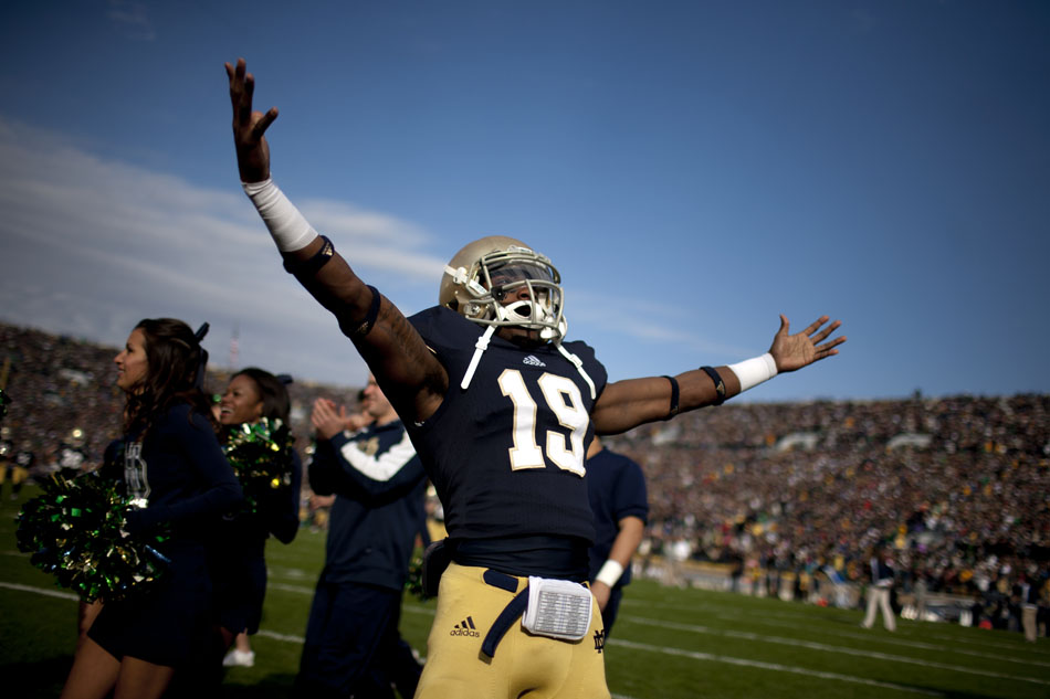 Notre Dame wide receiver Davonte' Neal (19) pumps up the crowd before an NCAA college football game on Saturday, Nov. 3, 2012, at Notre Dame. (James Brosher/South Bend Tribune)