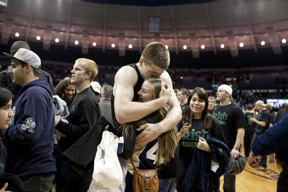 Notre Dame forward Jack Cooley gets a hung on the court after a 64-50 win against Kentucky on Thursday, Nov. 29, 2012, at the Purcell Pavilion at Notre Dame. (James Brosher/South Bend Tribune)