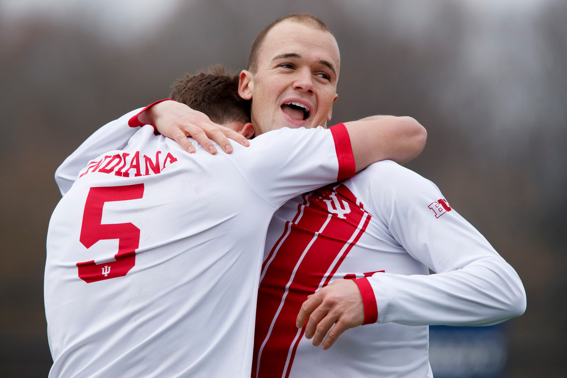 Indiana's Andrew Gutman, right, celebrates with Timmy Mehl (5) after scoring a goal during the first half of an NCAA men's soccer tournament match at Bill Armstrong Stadium in Bloomington, Ind. on Sunday, Nov. 18, 2018. (James Brosher for The Herald-Times)