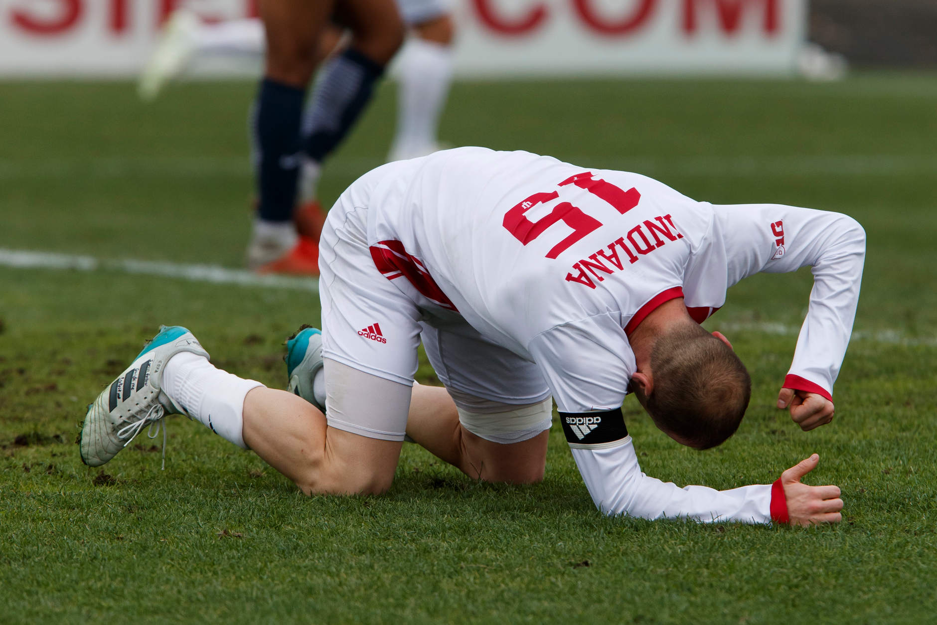 Indiana's Andrew Gutman (15) pounds the ground after missing on a cross into the box during the first half of an NCAA men's soccer tournament match at Bill Armstrong Stadium in Bloomington, Ind. on Sunday, Nov. 18, 2018. (James Brosher for The Herald-Times)