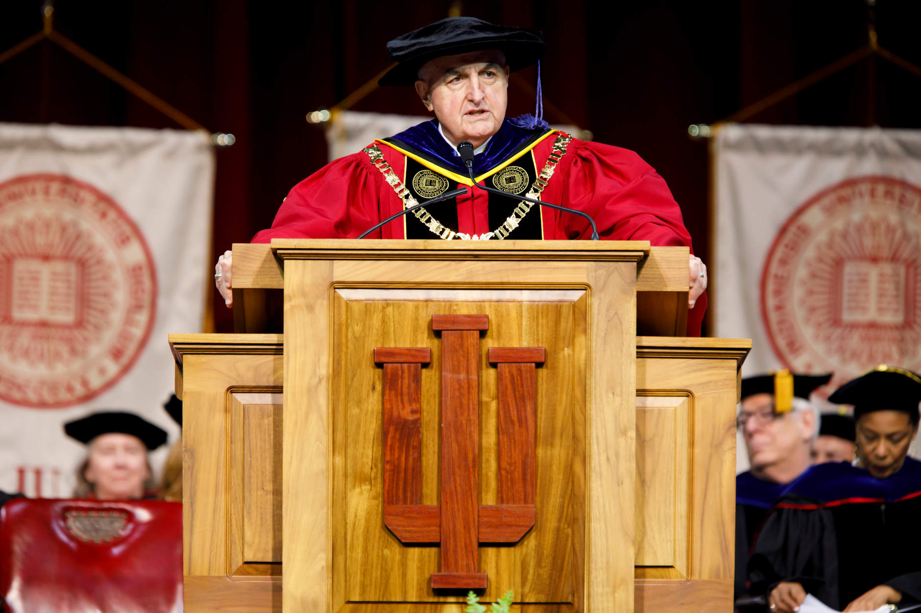 Indiana University President Michael A. McRobbie speaks during the IU South Bend Commencement at the University of Notre Dame on Tuesday, May 7, 2019. (James Brosher/Indiana University)