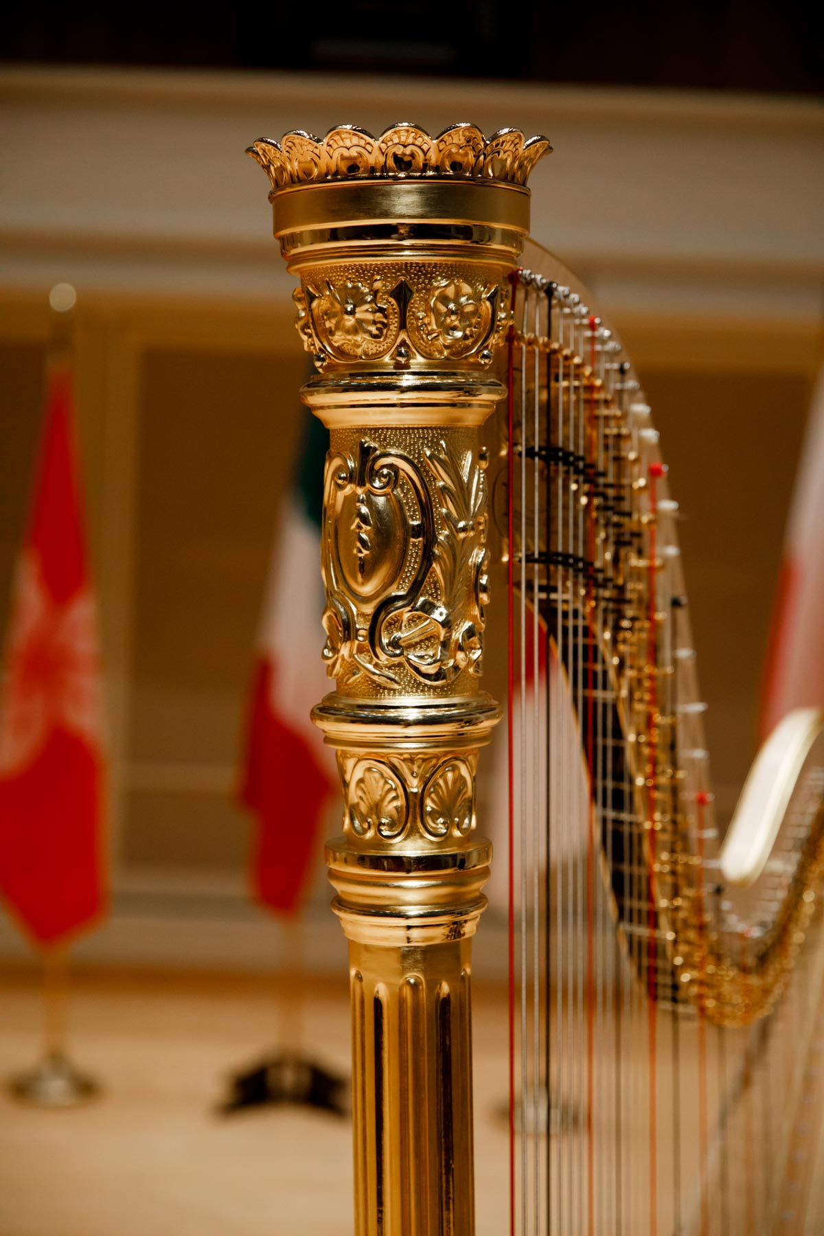 The Lyon and Healy Concert Grand Harp stands on stage during the 11th USA International Harp Competition at Indiana University in Bloomington, Indiana on Wednesday, July 3, 2019. (Photo by James Brosher)