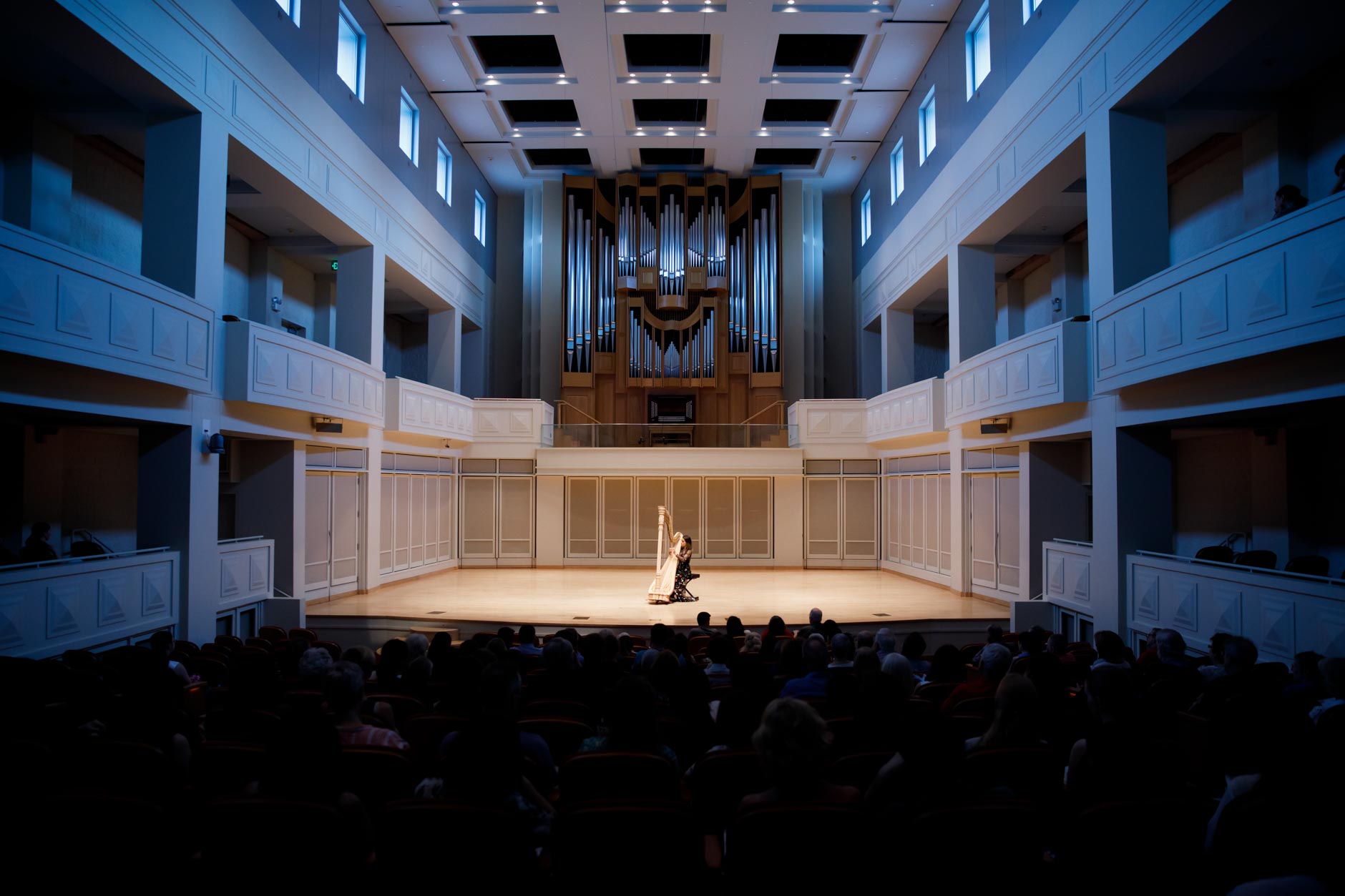 Harpist Katherine Siochi performs during her laureate recital at the 11th USA International Harp Competition at Indiana University in Bloomington, Indiana on Friday, July 5, 2019. (Photo by James Brosher)
