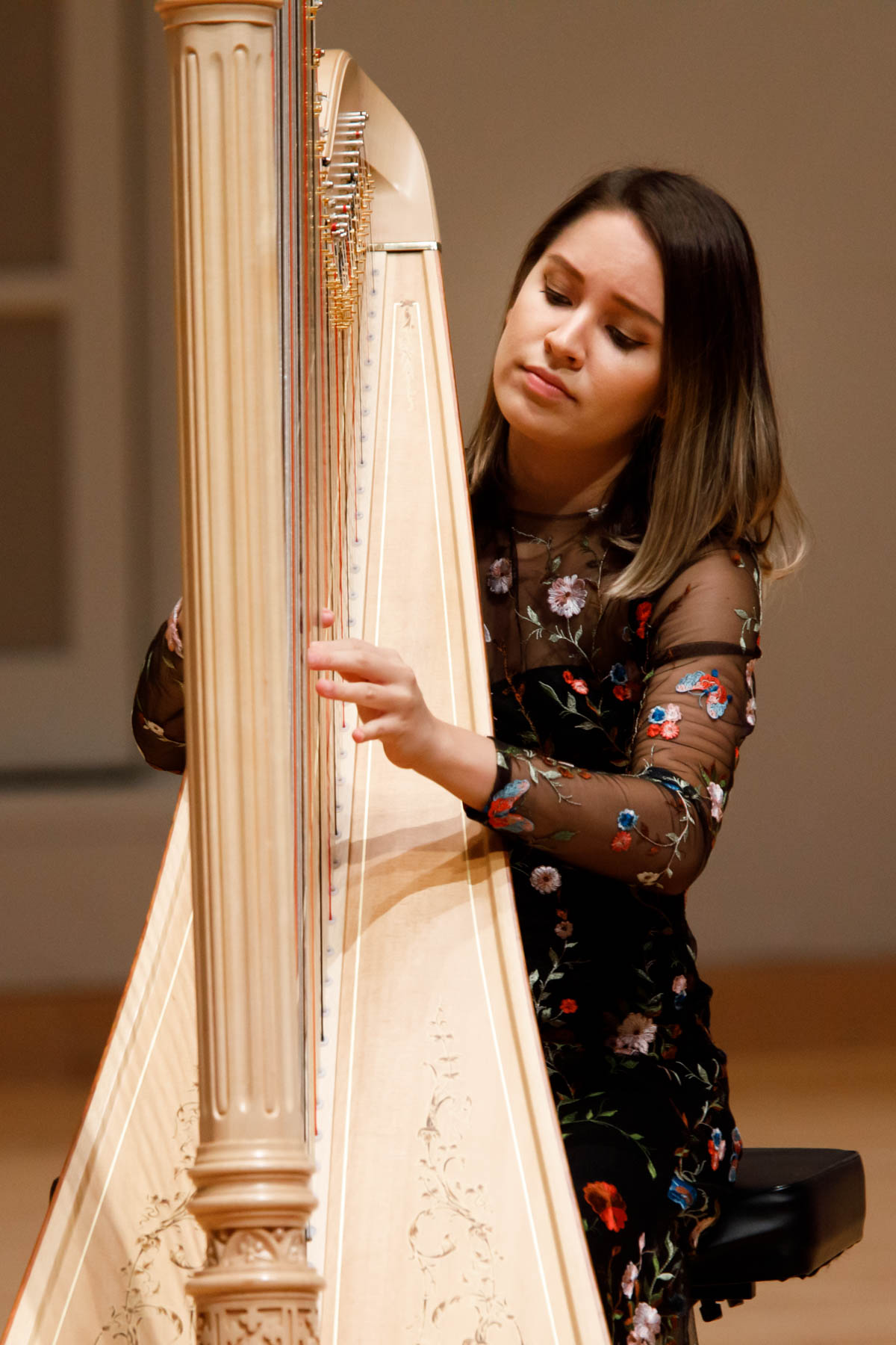 Harpist Katherine Siochi performs during her laureate recital at the 11th USA International Harp Competition at Indiana University in Bloomington, Indiana on Friday, July 5, 2019. (Photo by James Brosher)