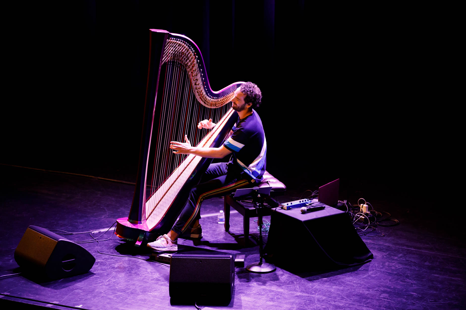 Remy van Kesteren performs during his laureate recital at the 11th USA International Harp Competition at the Buskirk-Chumley Theater in Bloomington, Indiana on Saturday, July 6, 2019. (Photo by James Brosher)