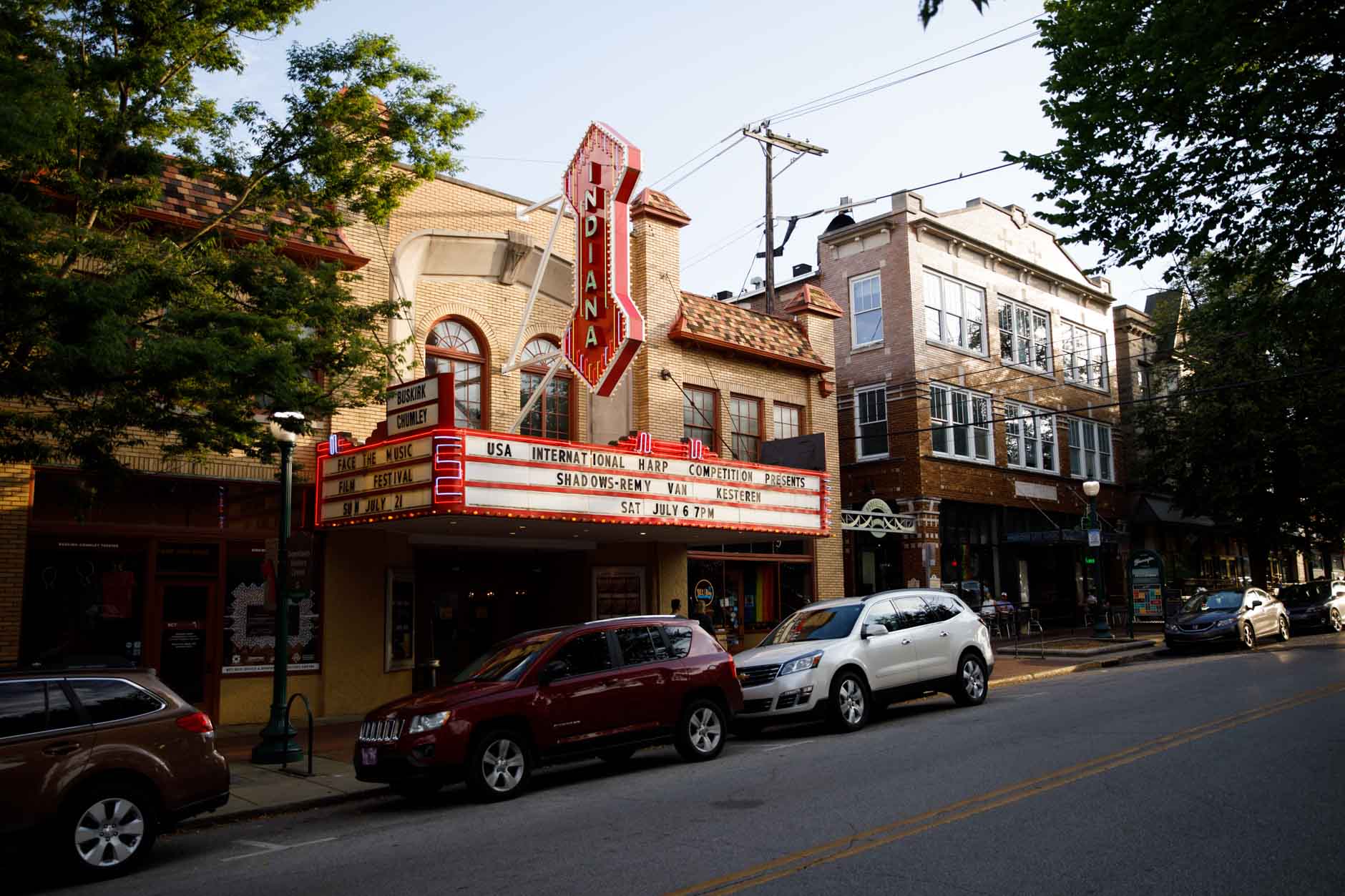 The marquee of the Buskirk-Chumley Theater announces a laureate recital by harpist Remy van Kesteren as part of the 11th USA International Harp Competition in Bloomington, Indiana on Saturday, July 6, 2019. (Photo by James Brosher)