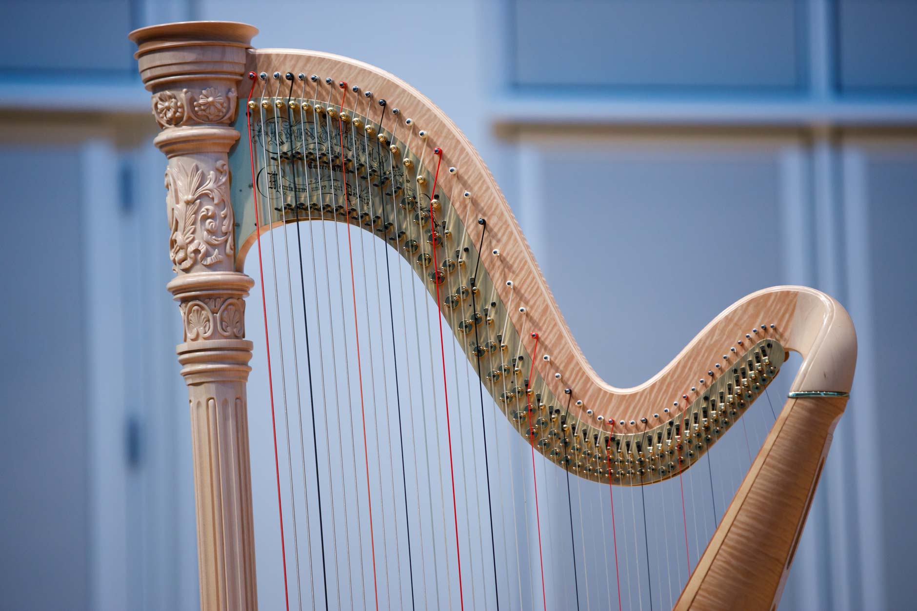 A harp sits on stage before a performance during Stage III at the 11th USA International Harp Competition at Indiana University in Bloomington, Indiana on Wednesday, July 10, 2019. (Photo by James Brosher)