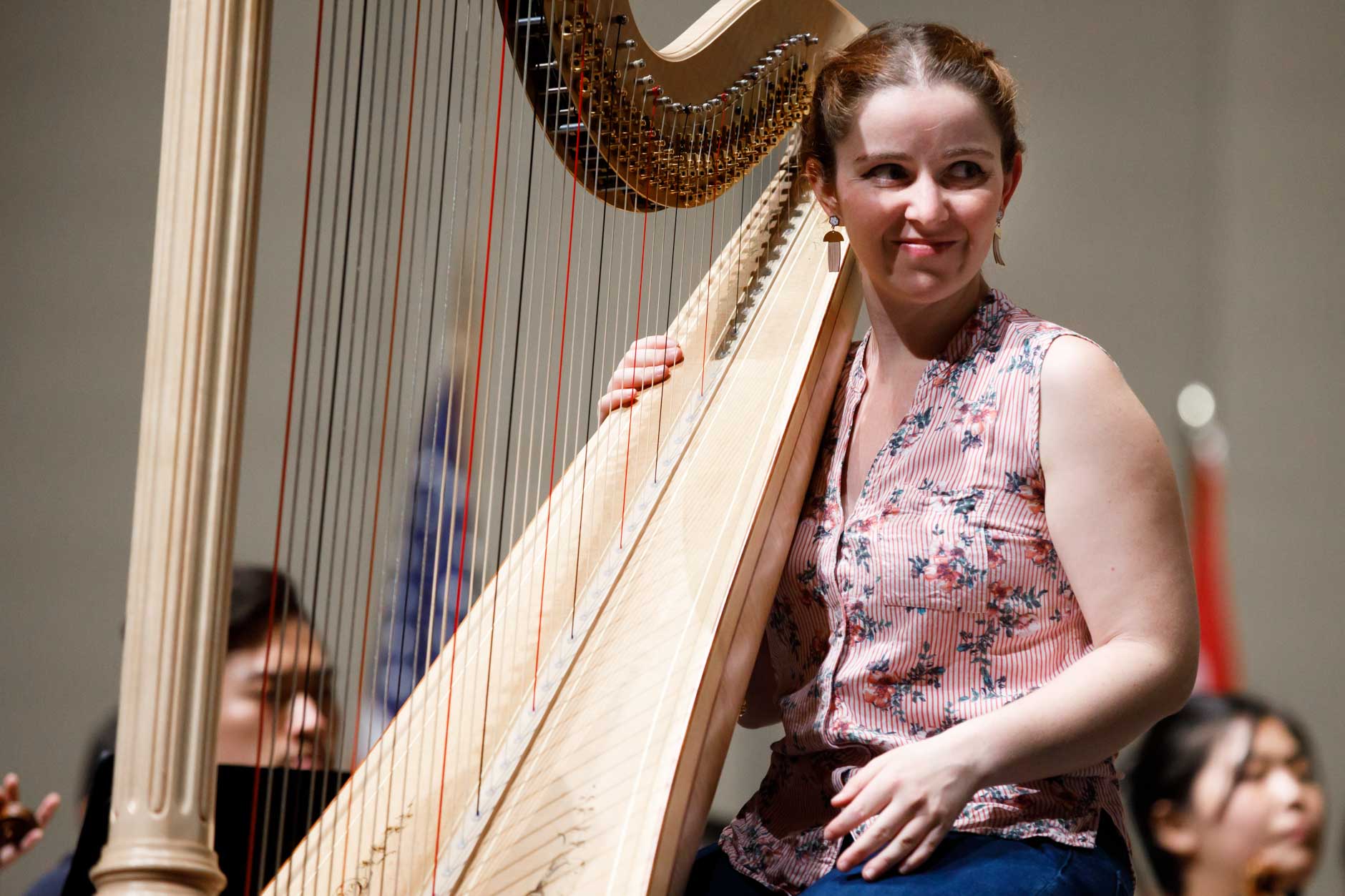Melanie Laurent from France performs during an orchestra rehearsal for the Final Stage concert at the 11th USA International Harp Competition at Indiana University in Bloomington, Indiana on Friday, July 12, 2019. (Photo by James Brosher)