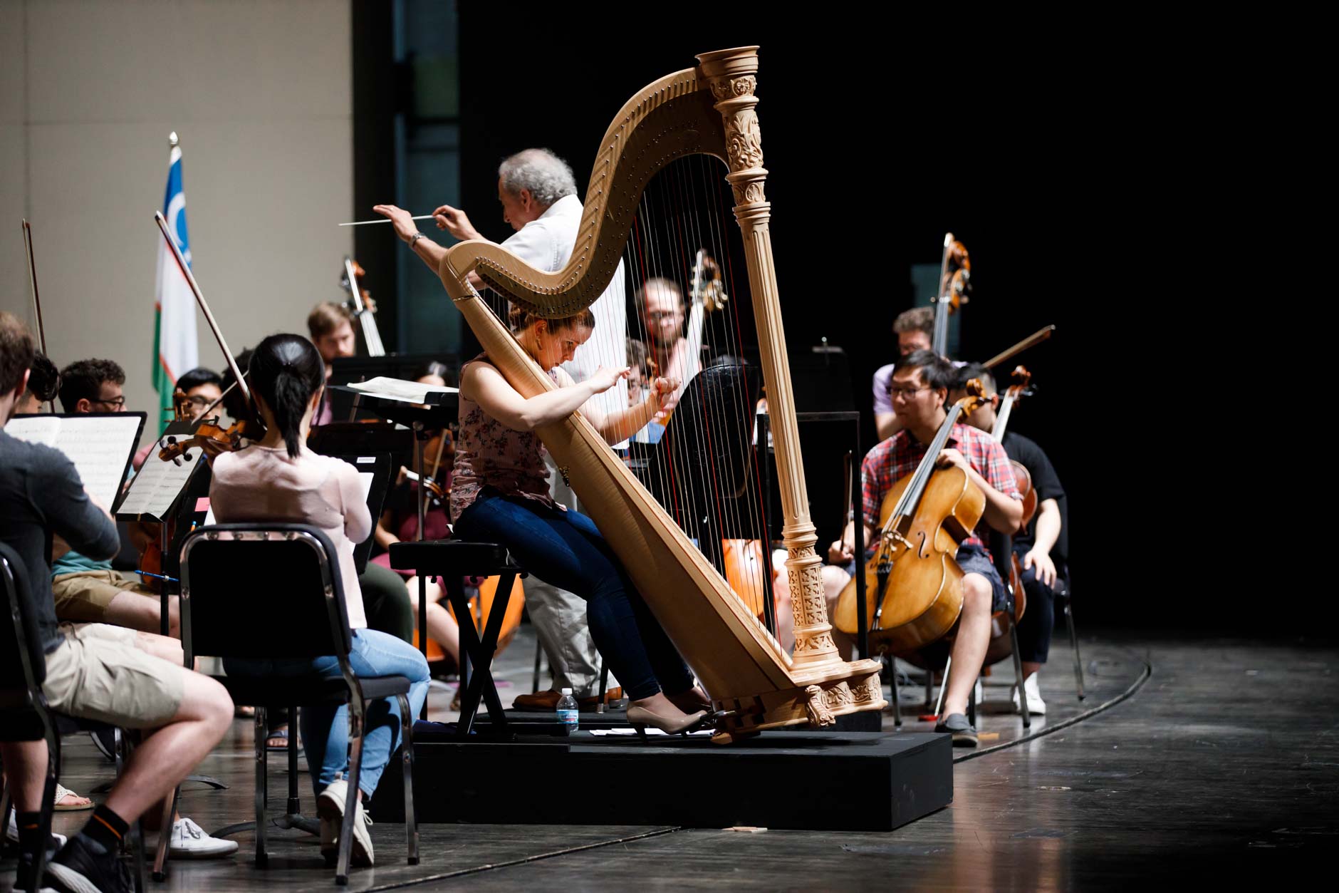 Melanie Laurent from France performs during an orchestra rehearsal for the Final Stage concert at the 11th USA International Harp Competition at Indiana University in Bloomington, Indiana on Friday, July 12, 2019. (Photo by James Brosher)