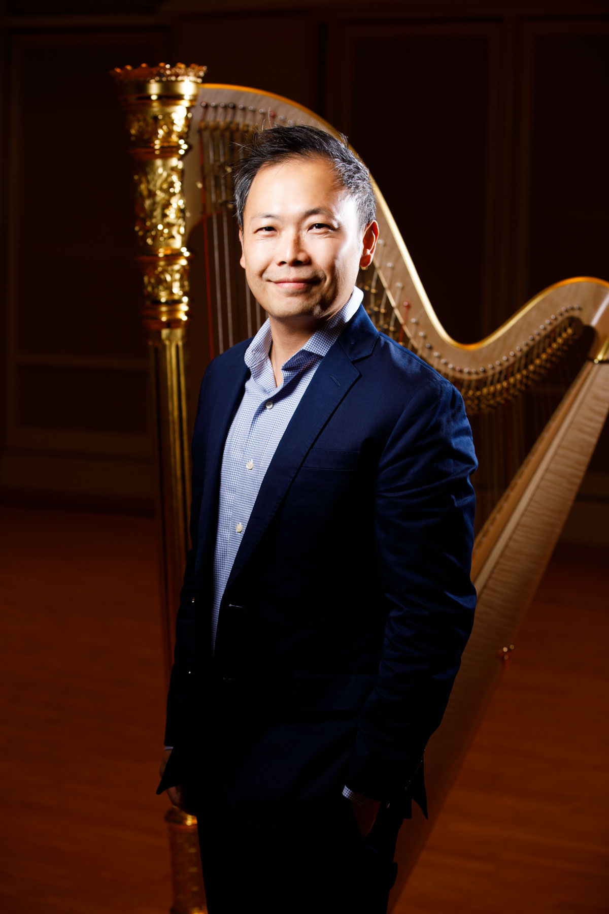 USA International Harp Competition Board of Directors member Charles Lin poses for a portrait during the 11th USA International Harp Competition at Indiana University in Bloomington, Indiana on Saturday, July 13, 2019. (Photo by James Brosher)