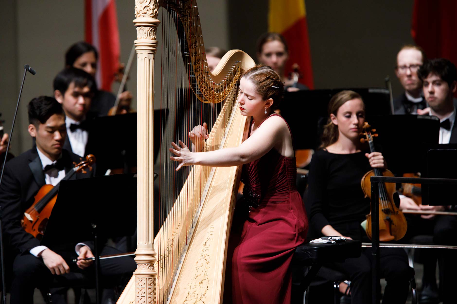 Melanie Laurent of France performs with the Indiana University Summer Philharmonic Orchestra during the Stage IV concert at the 11th USA International Harp Competition at Indiana University in Bloomington, Indiana on Saturday, July 13, 2019. (Photo by James Brosher)