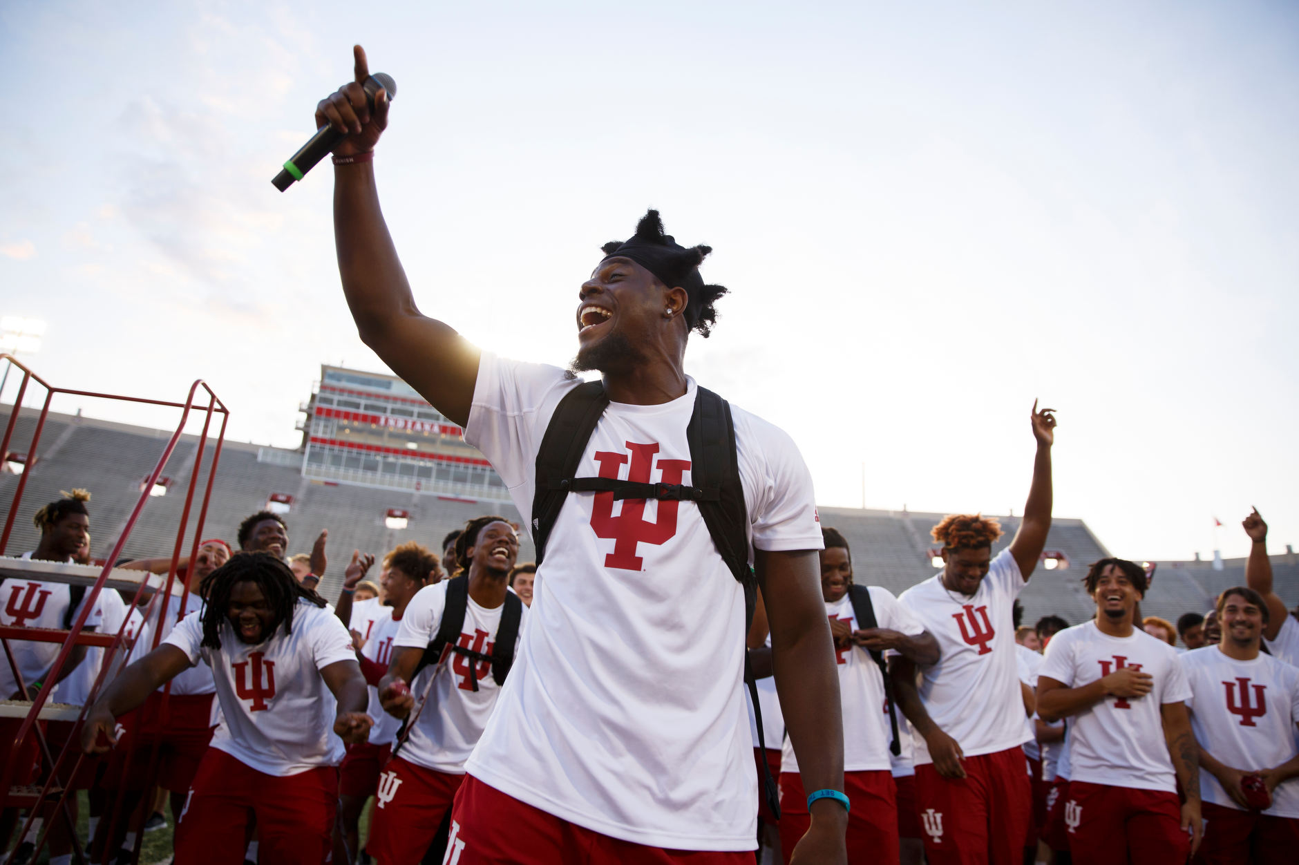 IU wide receiver Donavan Hale pumps up the crowd during the Traditions and Spirit of IU at Memorial Stadium on Friday, Aug. 23, 2019. (James Brosher/Indiana University)