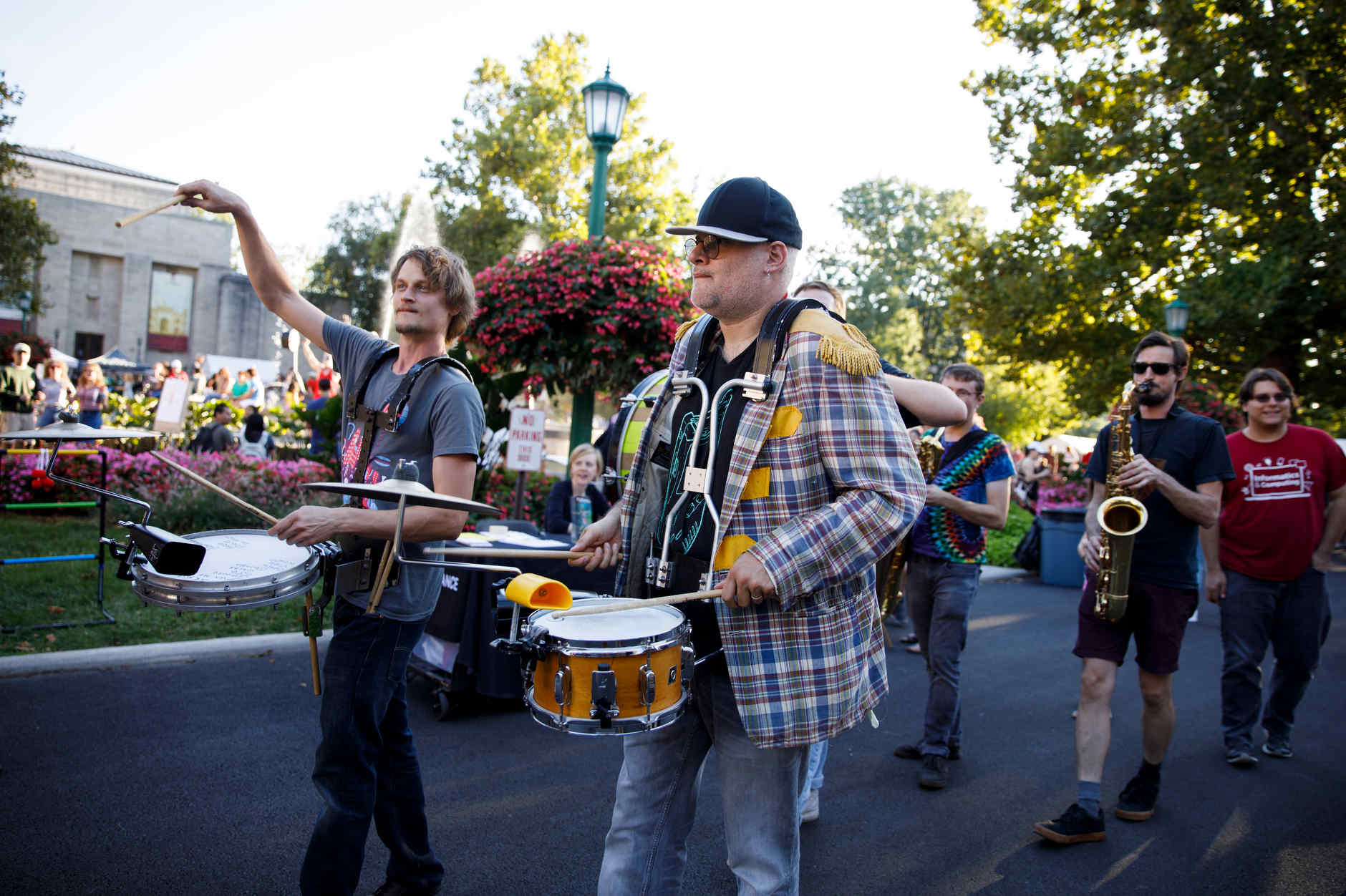 The Jefferson Street Parade Band performs during the First Thursdays Festival on the Arts Plaza at IU Bloomington on Thursday, Sept. 5, 2019. (James Brosher/Indiana University)