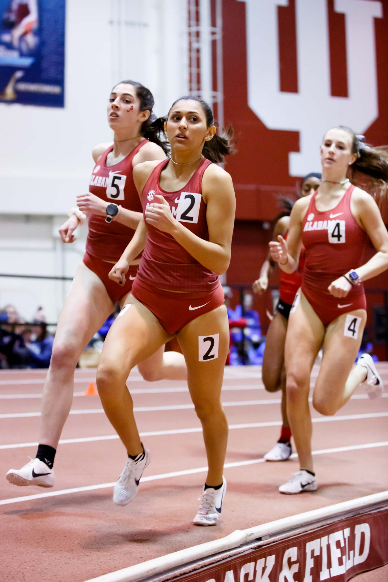 Alabama’s Alex Wilkins, Savannah Noethlich (2) and Jami Reed (4) compete in the 800 meter run during the Indiana University Relays in Bloomington, Indiana on Saturday, Feb. 1, 2020. (Photo by James Brosher)