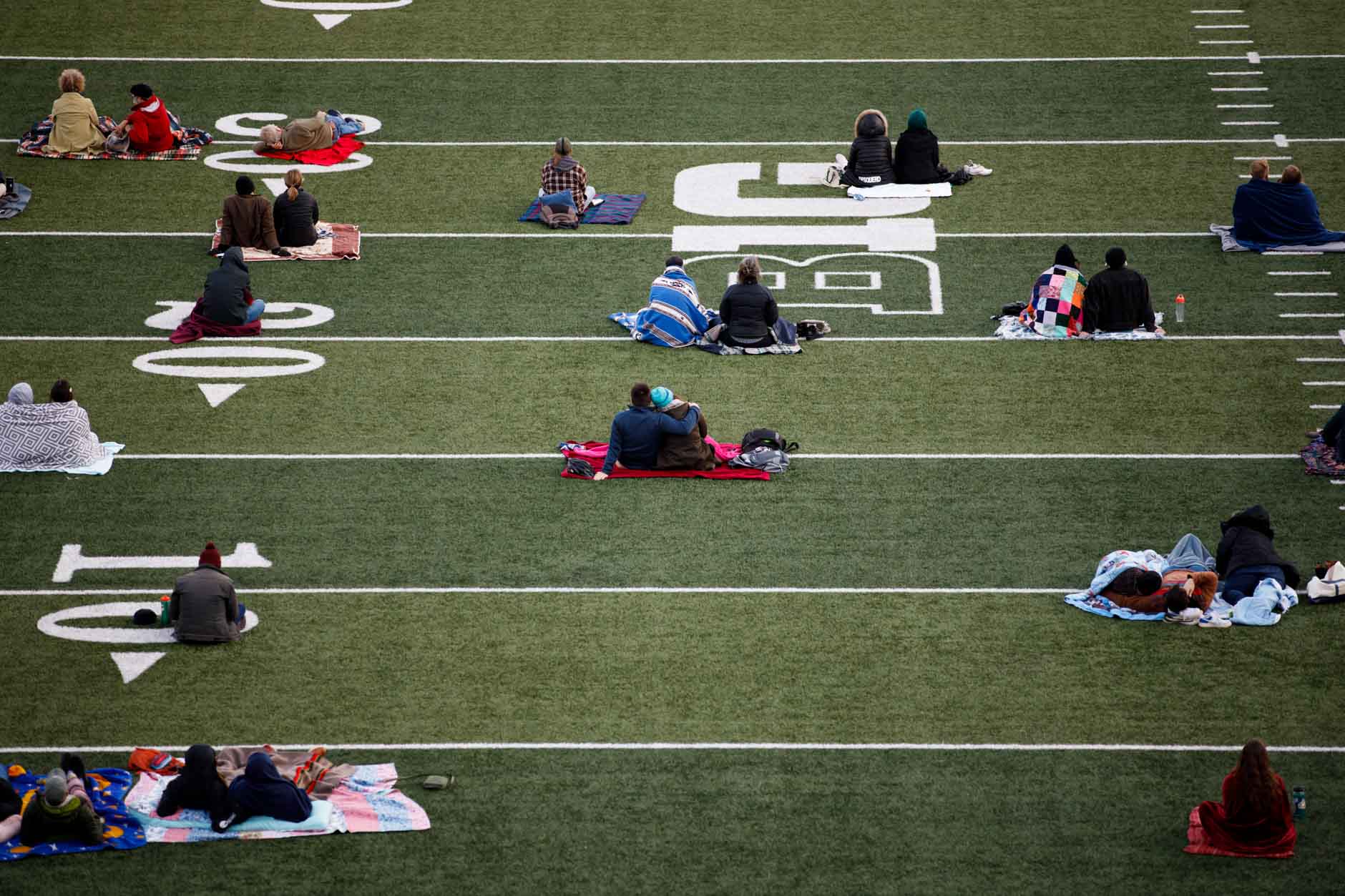 Audience members watch a socially-distant screening of "Cinema Paradiso" from the field in Memorial Stadium at IU Bloomington on Tuesday, Sept. 29, 2020. (James Brosher/Indiana University)