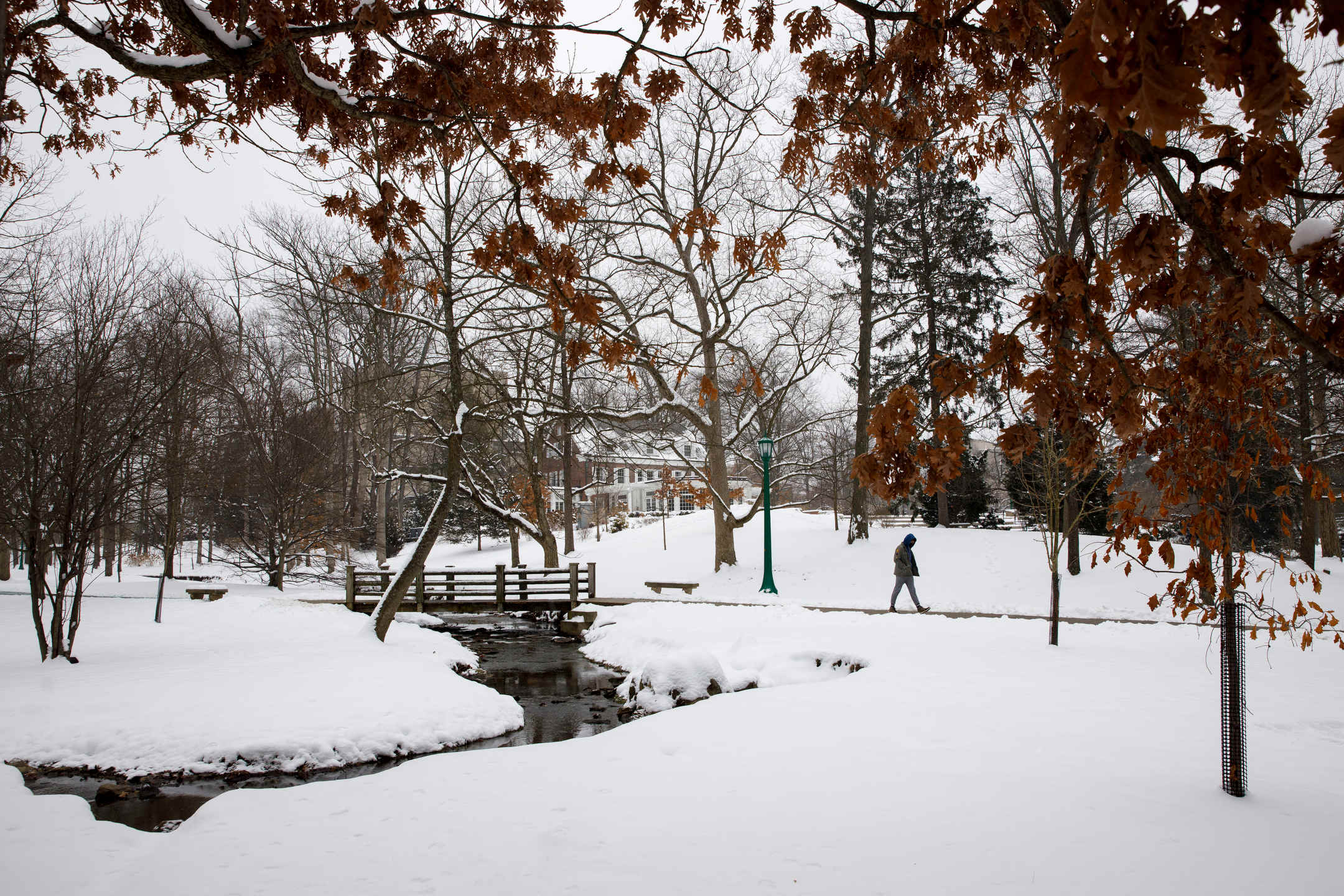 A student walks through campus near Bryan House and the Campus River on a winter day at Indiana University Bloomington on Wednesday, Feb. 10, 2021.
