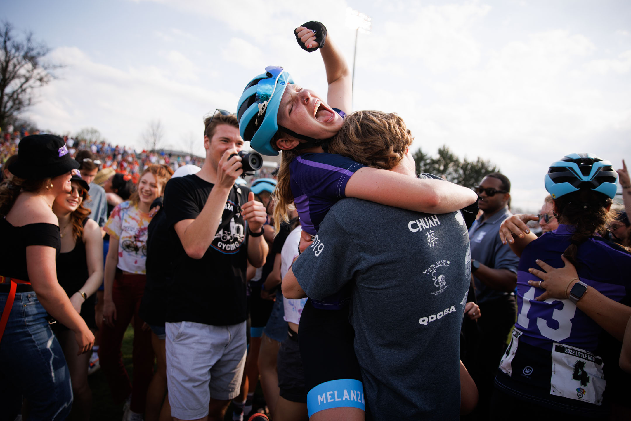 Melanzana Cycling rider Abby Teed celebrates with fans after winning the Women's Little 500 at Bill Armstrong Stadium on Friday, April 22, 2022. (James Brosher/Indiana University)