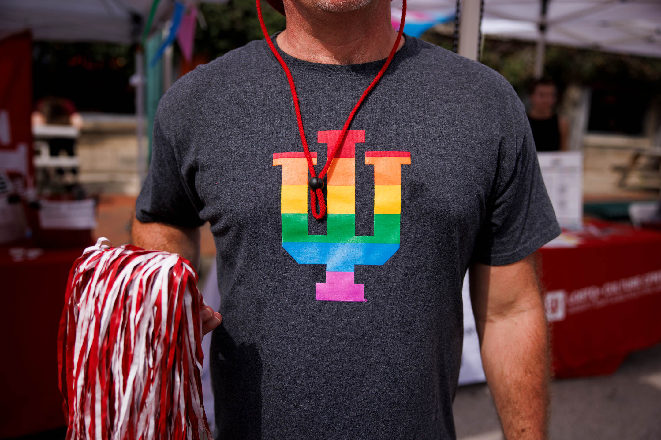 A rainbow IU trident t-shirt is pictured during Bloomington Pridefest on Kirkwood Avenue on Saturday, Aug. 26, 2023. (James Brosher/Indiana University)