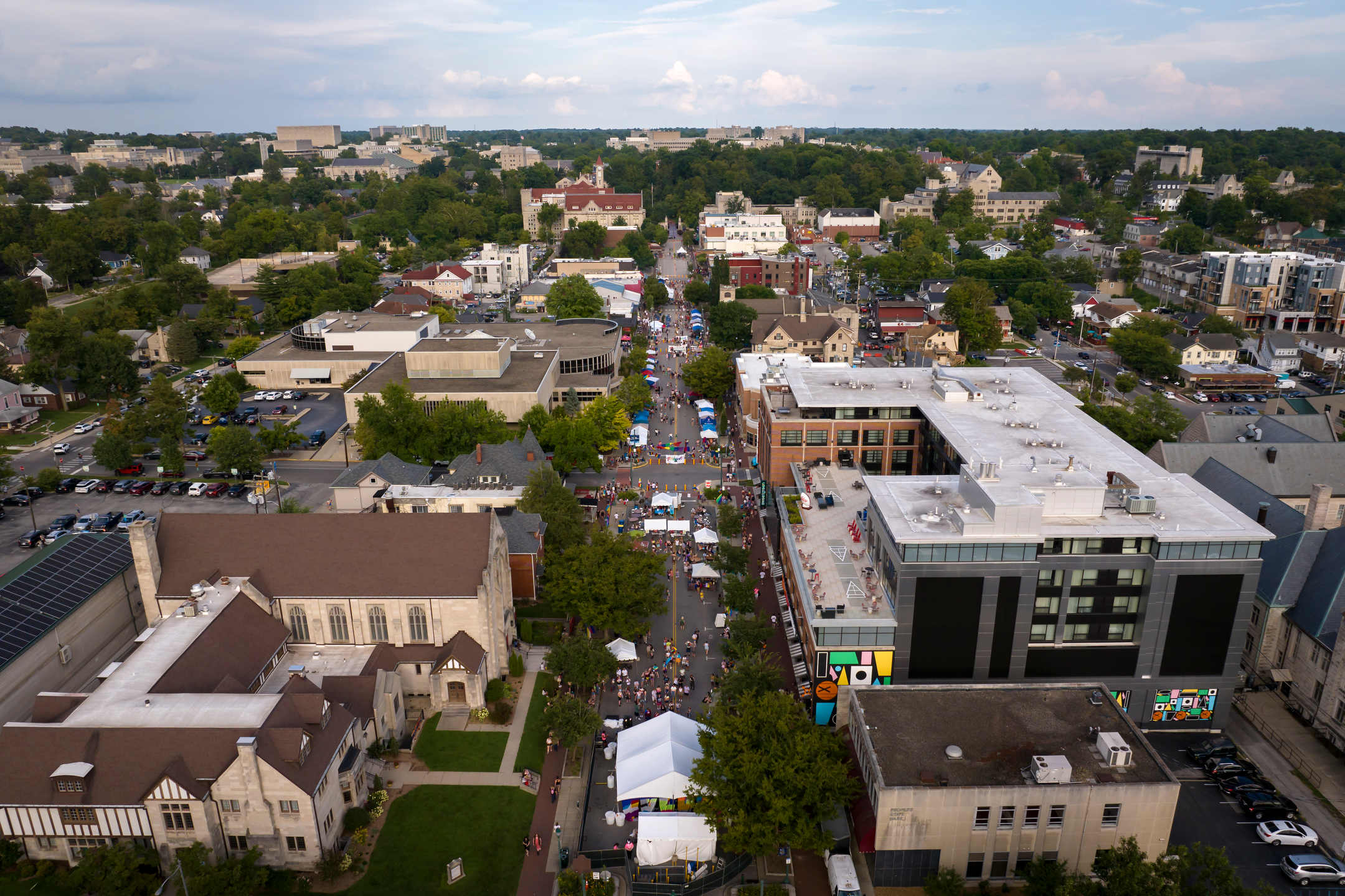 Bloomington Pridefest is pictured from the air on Kirkwood Avenue on Saturday, Aug. 26, 2023. (James Brosher/Indiana University)